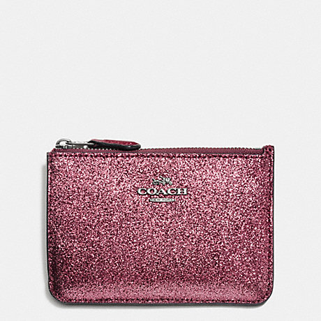 COACH f64588 KEY POUCH WITH GUSSET IN GLITTER FABRIC ANTIQUE NICKEL/METALLIC CHERRY