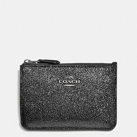 COACH F64588 KEY POUCH WITH GUSSET IN GLITTER FABRIC SILVER/BLACK