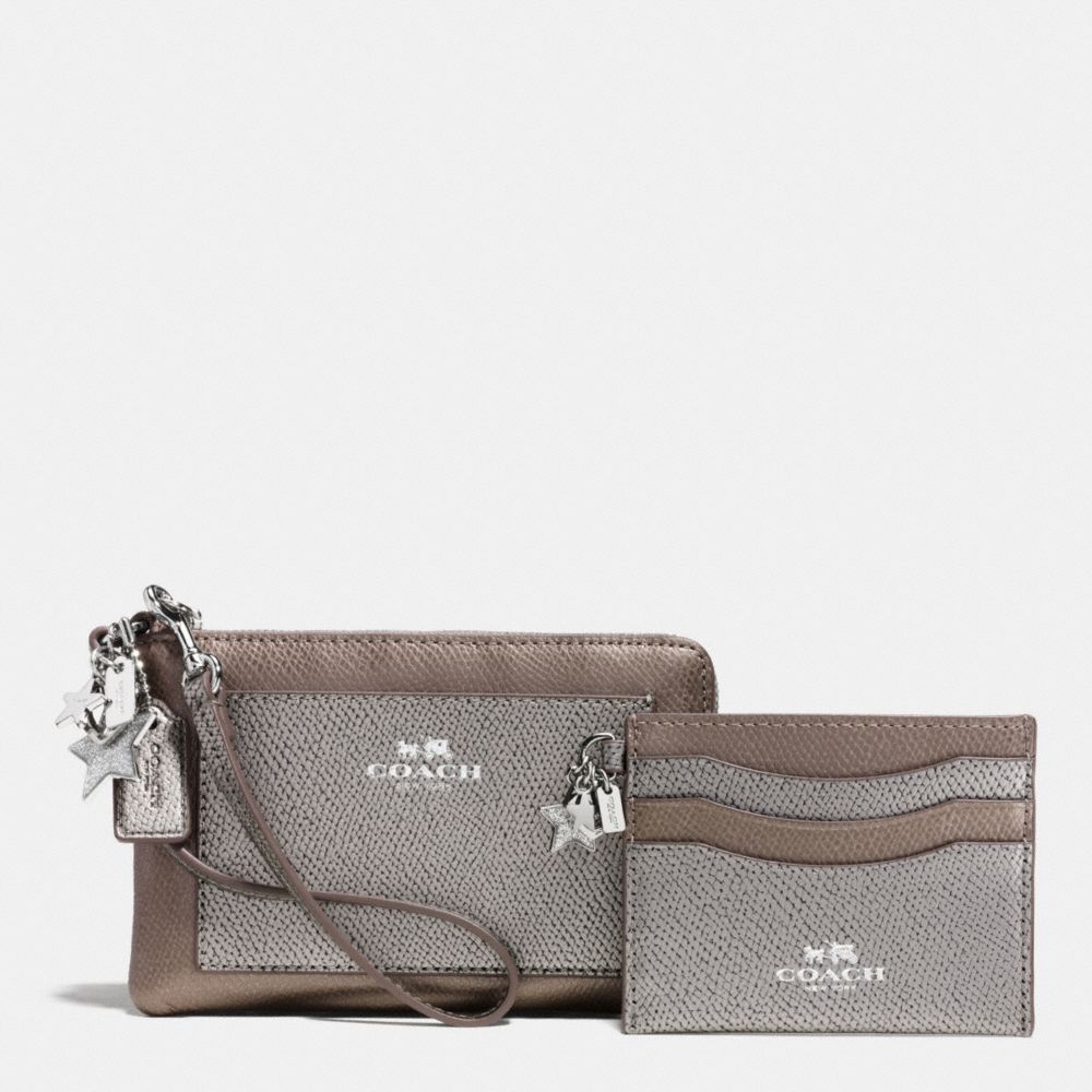 CHARM CORNER ZIP WRISTLET AND CARD CASE SET IN LEATHER - SILVER/SILVER MULTI - COACH F64649