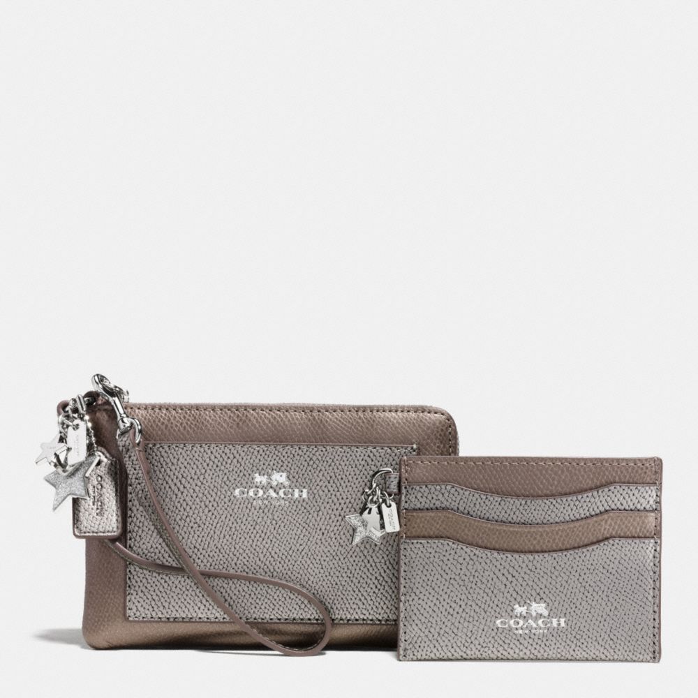 COACH CHARM CORNER ZIP WRISTLET AND CARD CASE SET IN LEATHER - SILVER/SILVER MULTI - F64649