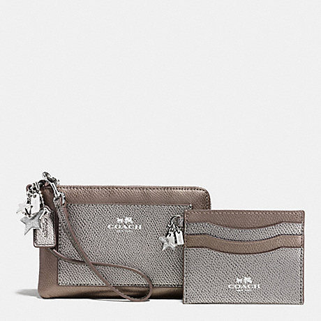 COACH CHARM CORNER ZIP WRISTLET AND CARD CASE SET IN LEATHER - SILVER/SILVER MULTI - f64649