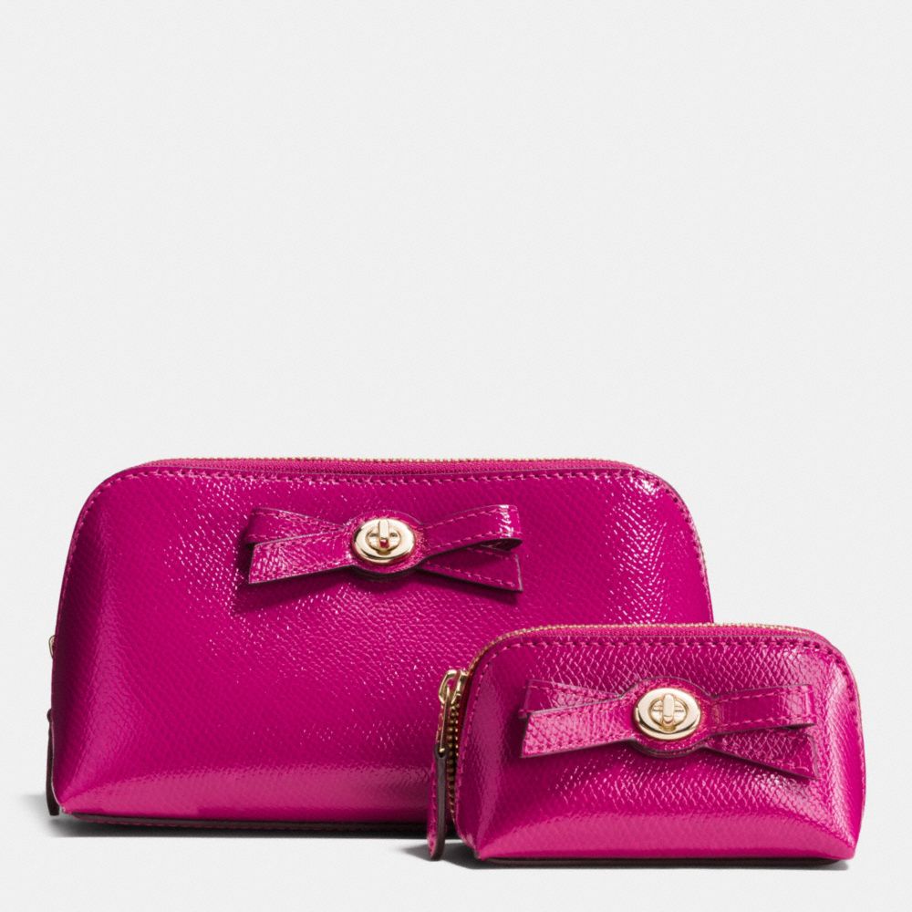 COACH f64651 TURNLOCK BOW COSMETIC CASE SET IN PATENT LEATHER IMITATION GOLD/CRANBERRY