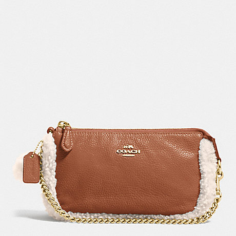 COACH F64705 LARGE WRISTLET 19 IN LEATHER AND SHEARLING IMITATION-GOLD/SADDLE/NATURAL