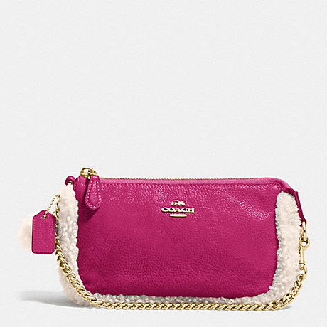 COACH F64705 LARGE WRISTLET 19 IN LEATHER AND SHEARLING IMITATION-GOLD/CRANBERRY/NATURAL