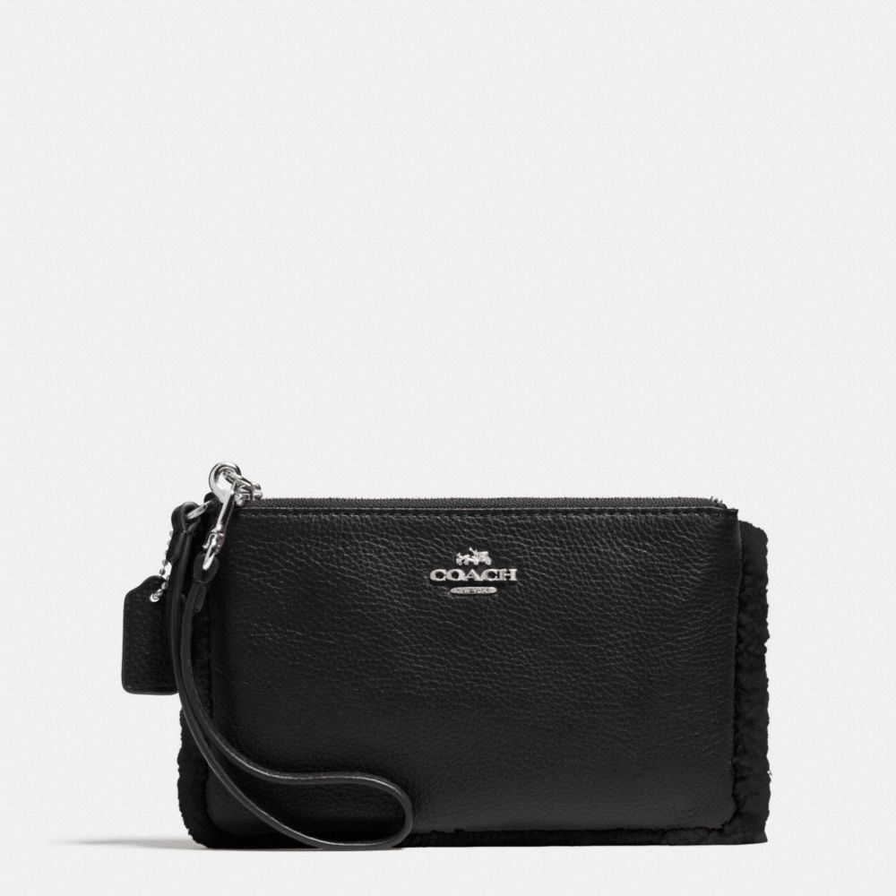 COACH F64709 Small Wristlet In Leather And Shearling SILVER/BLACK/BLACK