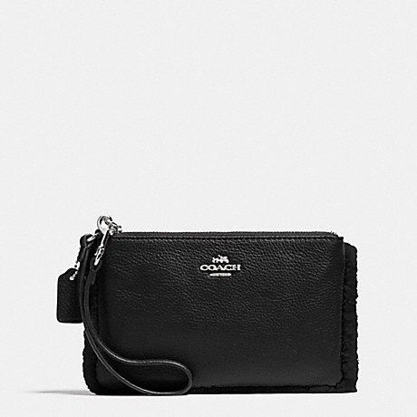 COACH F64709 SMALL WRISTLET IN LEATHER AND SHEARLING SILVER/BLACK/BLACK