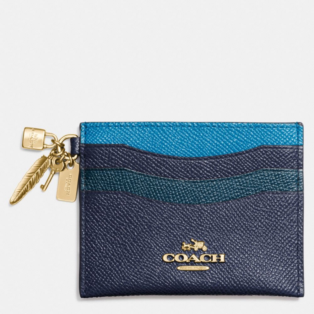 COACH f64747 CHARM FLAT CARD CASE IN COLORBLOCK LEATHER LIGHT GOLD/NAVY/PEACOCK