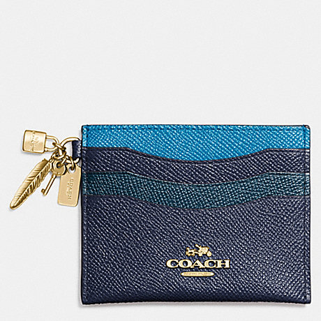 COACH F64747 CHARM FLAT CARD CASE IN COLORBLOCK LEATHER LIGHT-GOLD/NAVY/PEACOCK