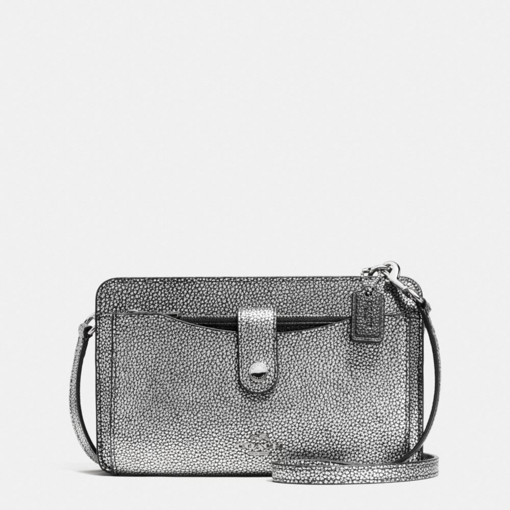 MESSENGER WITH POP-UP POUCH IN COLORBLOCK LEATHER - f64798 - SILVER/SILVER/BLACK