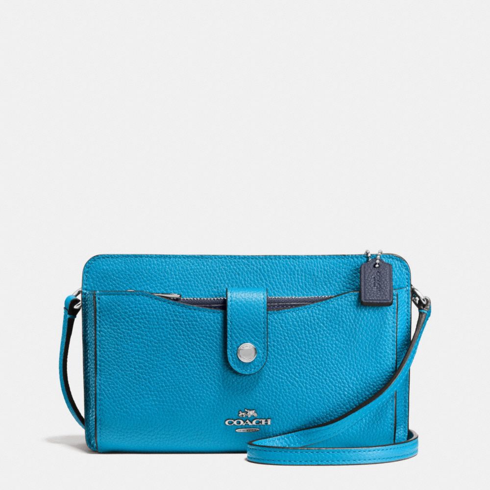 MESSENGER WITH POP-UP POUCH IN COLORBLOCK LEATHER - f64798 - SILVER/AZURE/NAVY