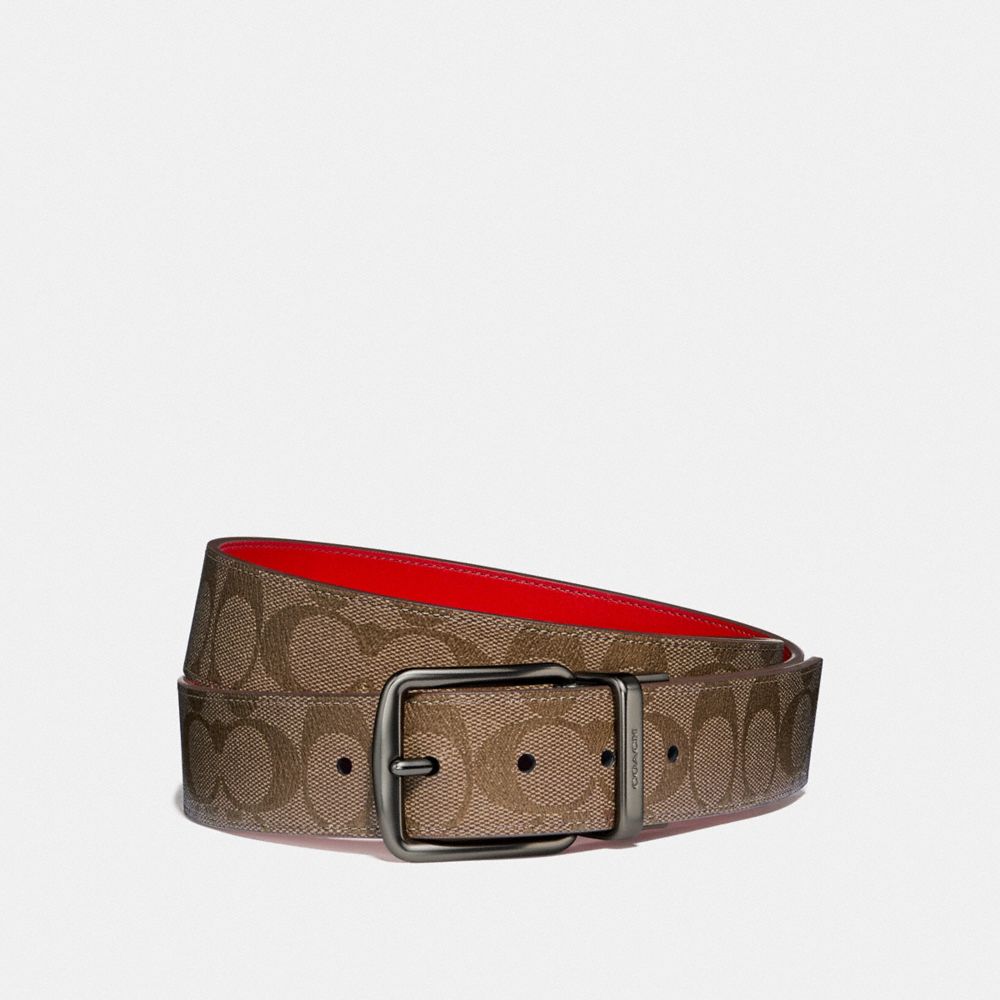 WIDE HARNESS CUT-TO-SIZE REVERSIBLE BELT IN SIGNATURE CANVAS - F64839 - TAN/VINTAGE RED/BLACK ANTIQUE NICKEL