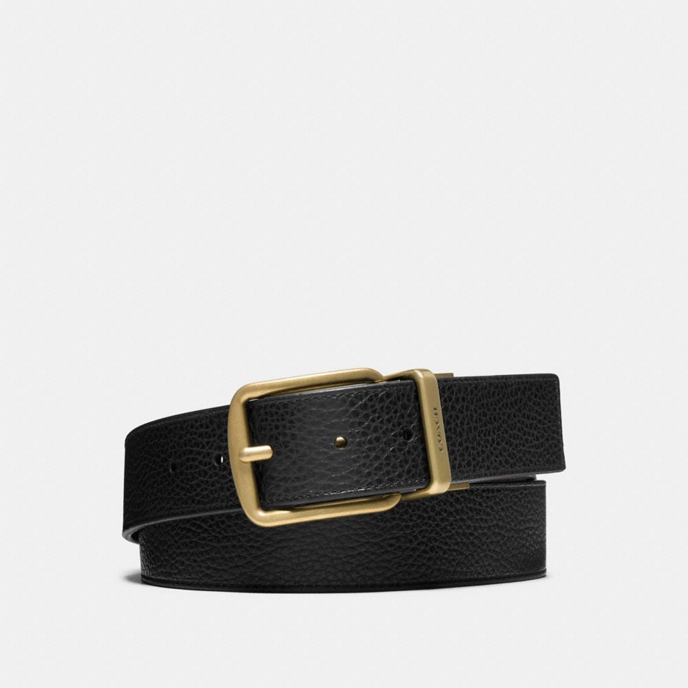 COACH WIDE HARNESS CUT-TO-SIZE REVERSIBLE PEBBLE LEATHER BELT - ANTIQUED BRASS/BLACK/DARK BROWN - F64840