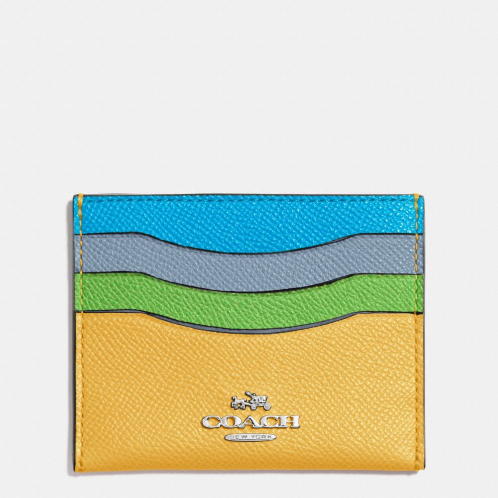 COACH f64859 FLAT CARD CASE IN COLORBLOCK LEATHER SILVER/CANARY MULTI