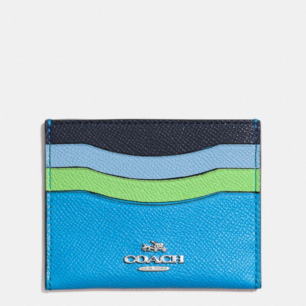 COACH f64859 FLAT CARD CASE IN COLORBLOCK LEATHER SILVER/AZURE MULTI