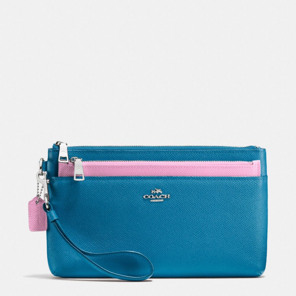 COACH F64862 Large Wristlet With Pop-up Pouch In Colorblock Leather SILVER/PEACOCK/MARSHMALLOW