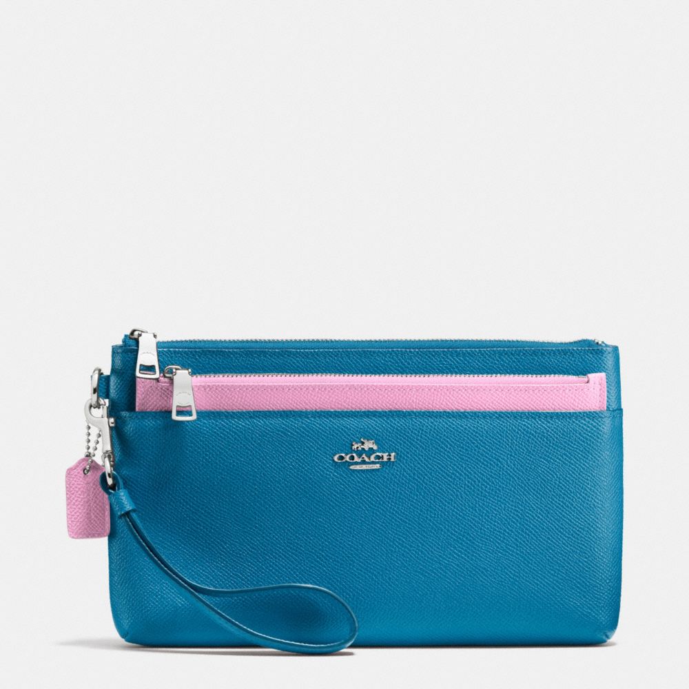 COACH F64862 LARGE WRISTLET WITH POP-UP POUCH IN COLORBLOCK LEATHER SILVER/PEACOCK/MARSHMALLOW