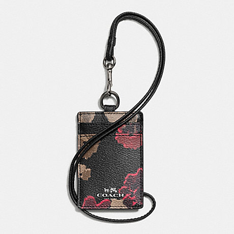 COACH F65063 LANYARD ID IN BLACK FLORAL COATED CANVAS ANTIQUE-NICKEL/BLACK