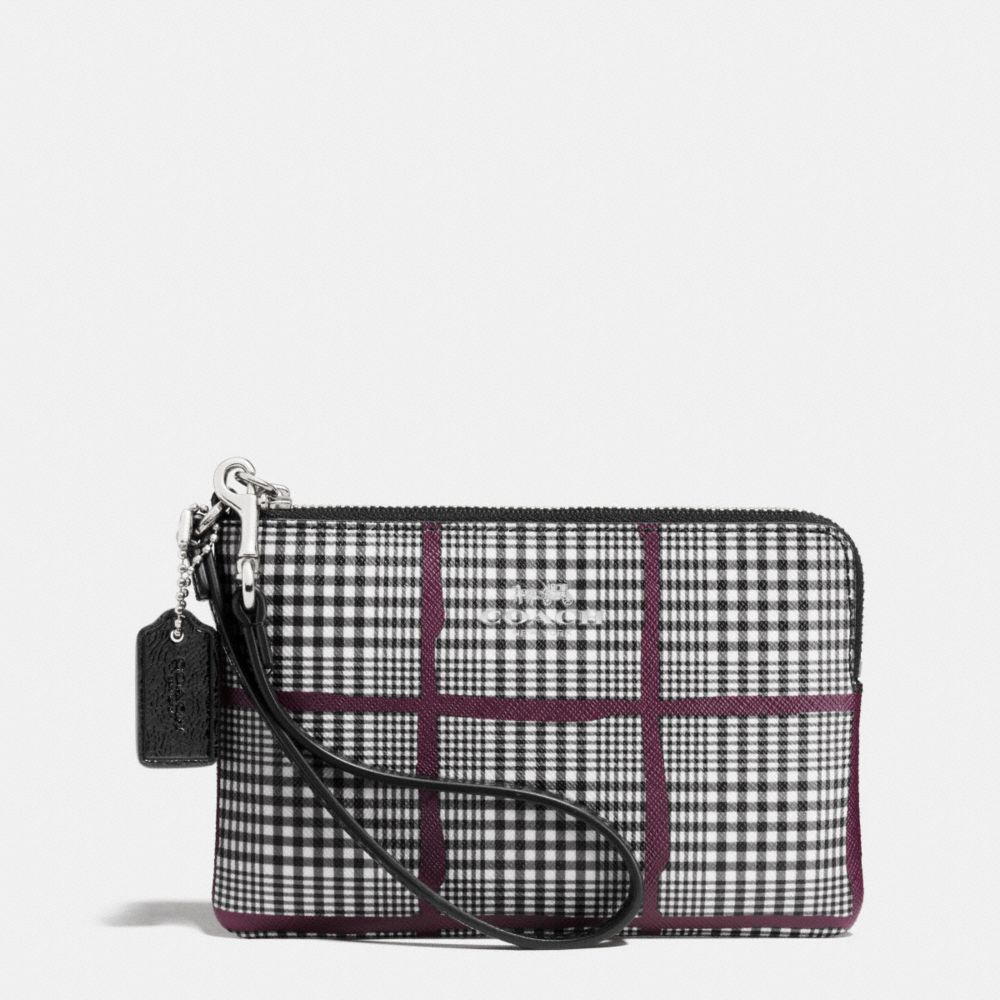 COACH f65066 CORNER ZIP IN GLEN PLAID COATED CANVAS SILVER/BLACK