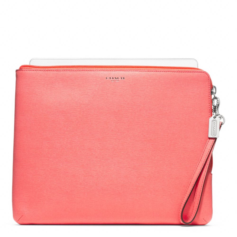 COACH F65076 Saffiano Leather L-zip Ipad Sleeve SILVER/CORAL