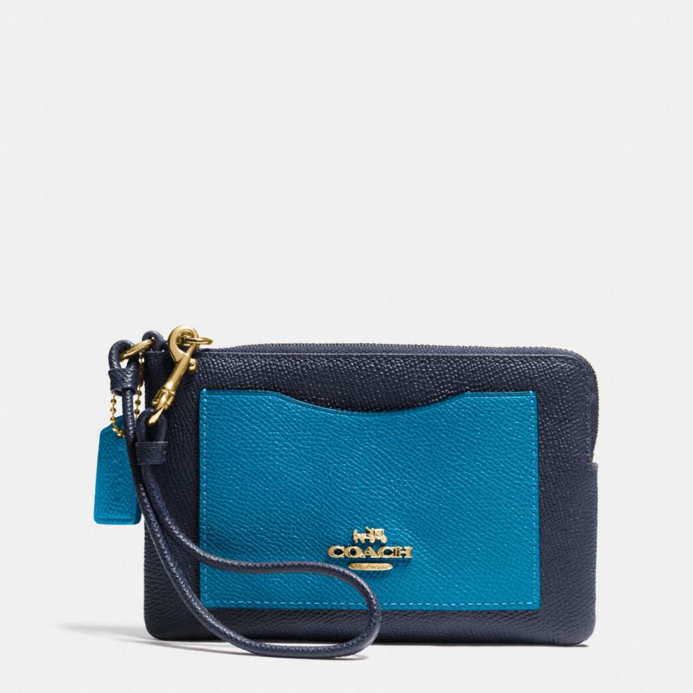 CORNER ZIP WRISTLET IN COLORBLOCK LEATHER - f65141 - LIGHT GOLD/NAVY/PEACOCK