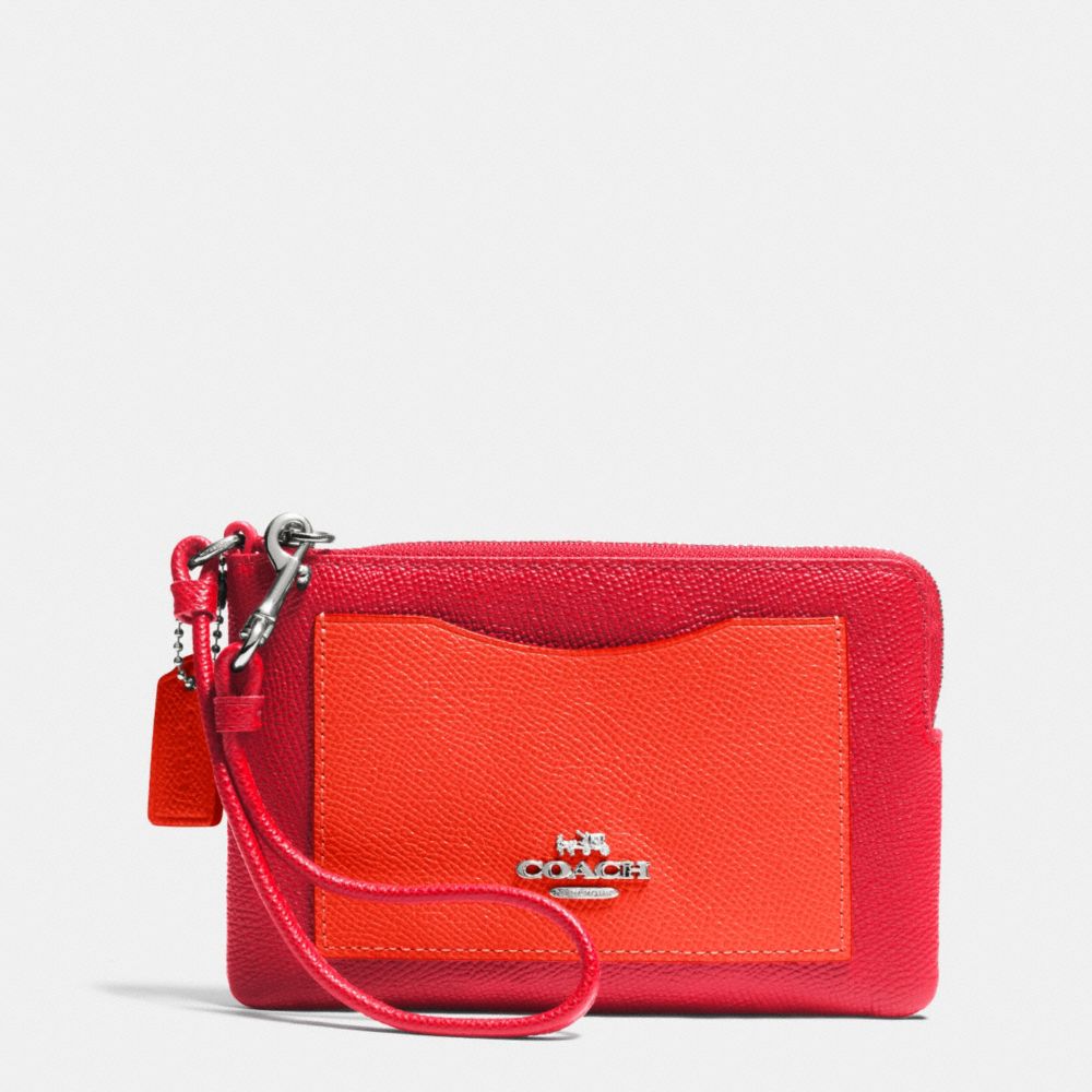 COACH F65141 CORNER ZIP WRISTLET IN COLORBLOCK LEATHER SILVER/TRUE-RED/ORANGE