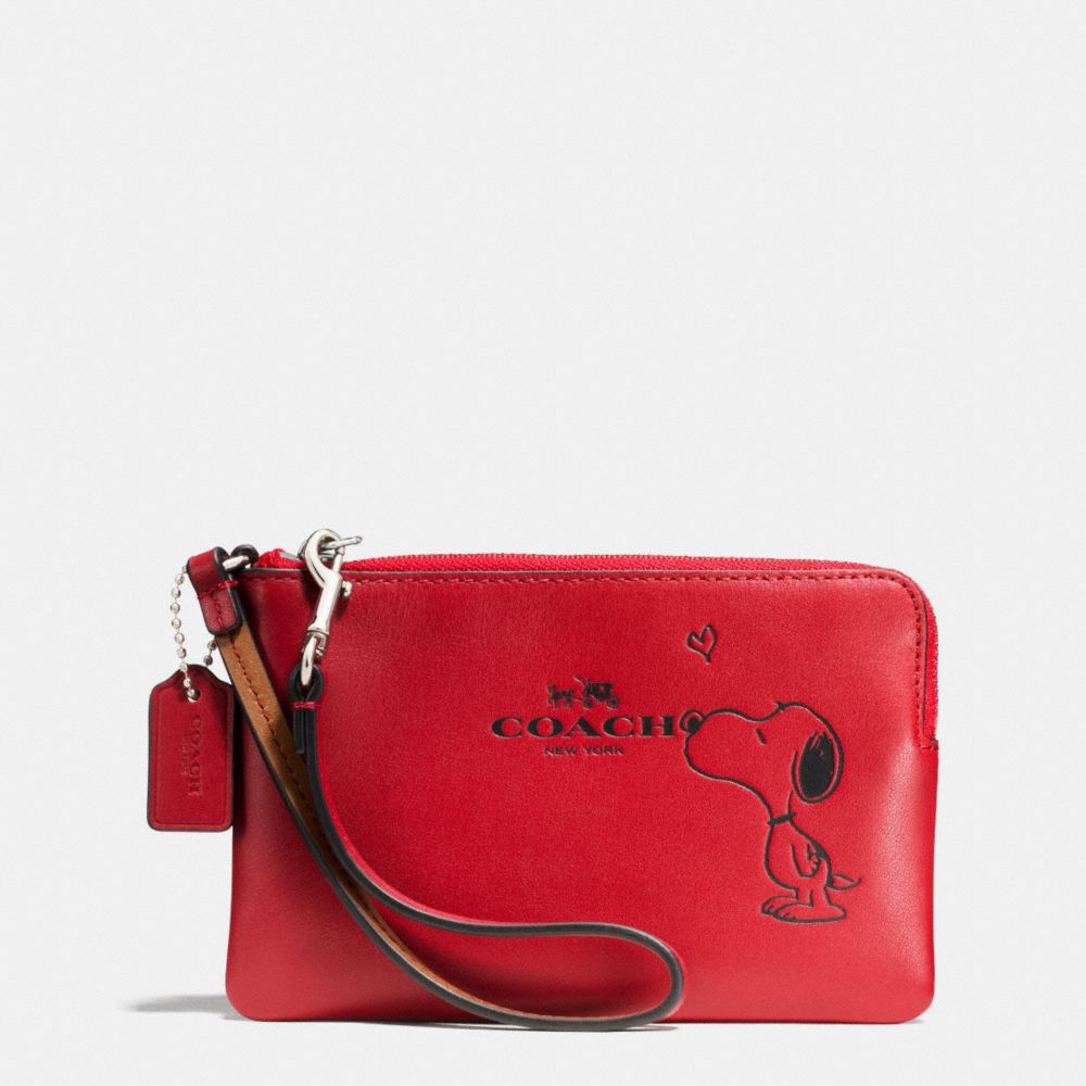 COACH X PEANUTS CORNER ZIP WRISTLET IN CALF LEATHER - SILVER/CLASSIC RED - COACH F65193