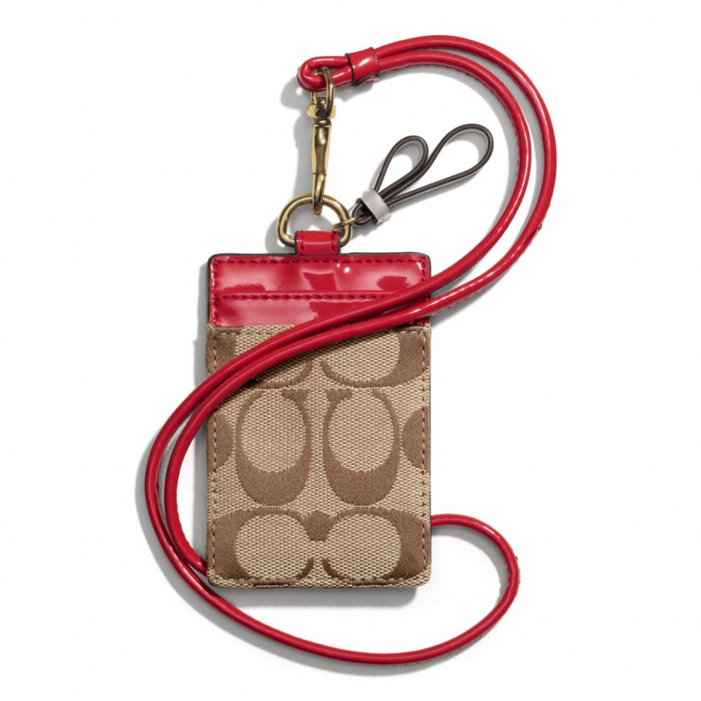 COACH F65364 Park Signature Lanyard Id Case BRASS/KHAKI/RED