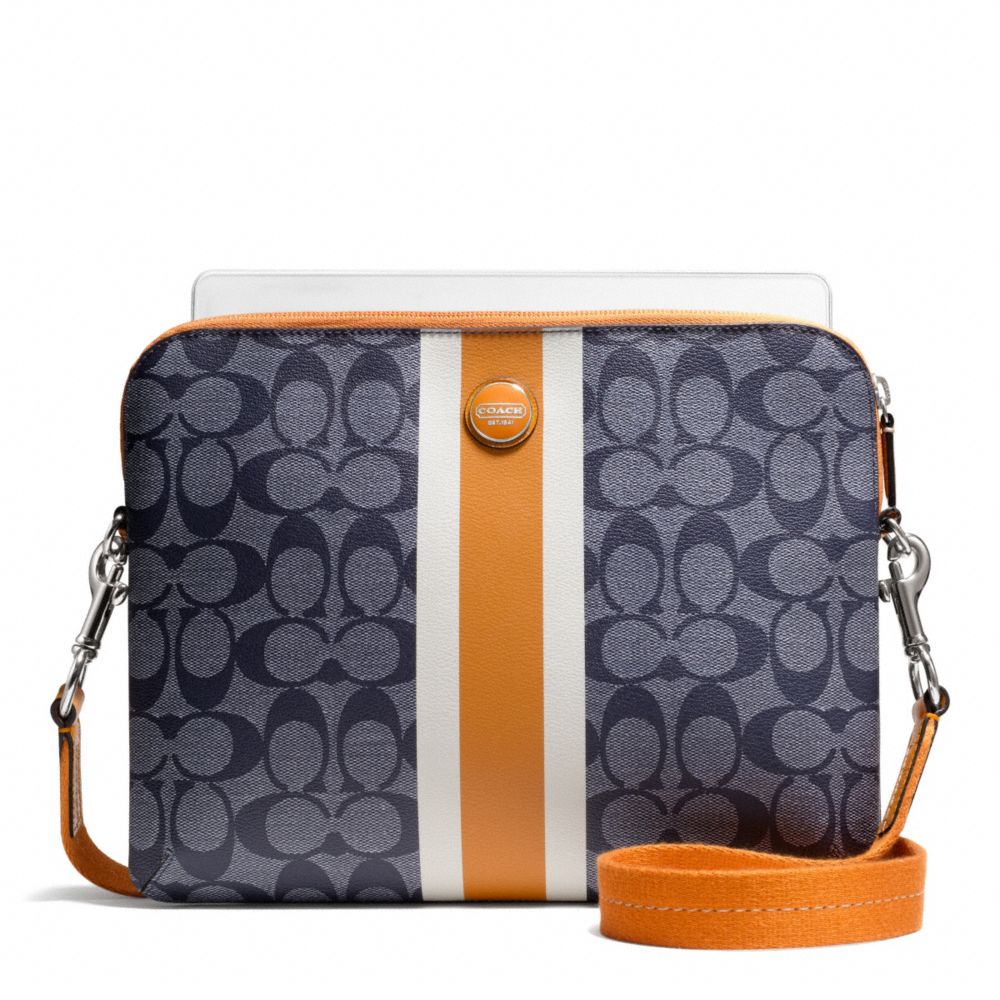 COACH f65381 SIGNATURE STRIPE PVC STRIPE TABLET CROSSBODY SILVER/NAVY/ORANGE SPICE