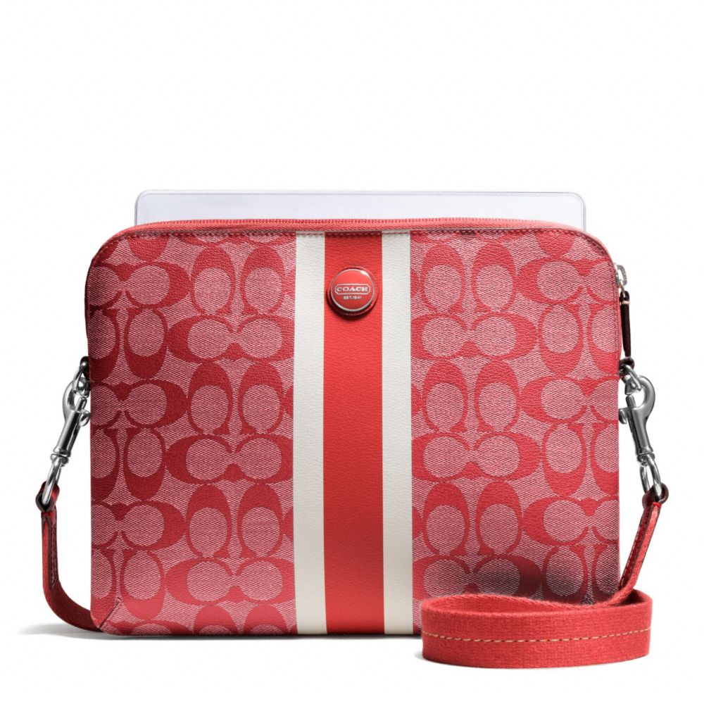 COACH F65381 SIGNATURE STRIPE PVC STRIPE TABLET CROSSBODY SILVER/VERMILLION/VERMILLION