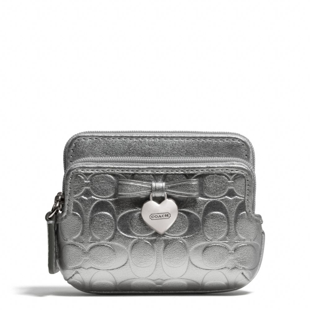EMBOSSED LIQUID GLOSS DOUBLE ZIP COIN WALLET - SILVER/SILVER - COACH F65384