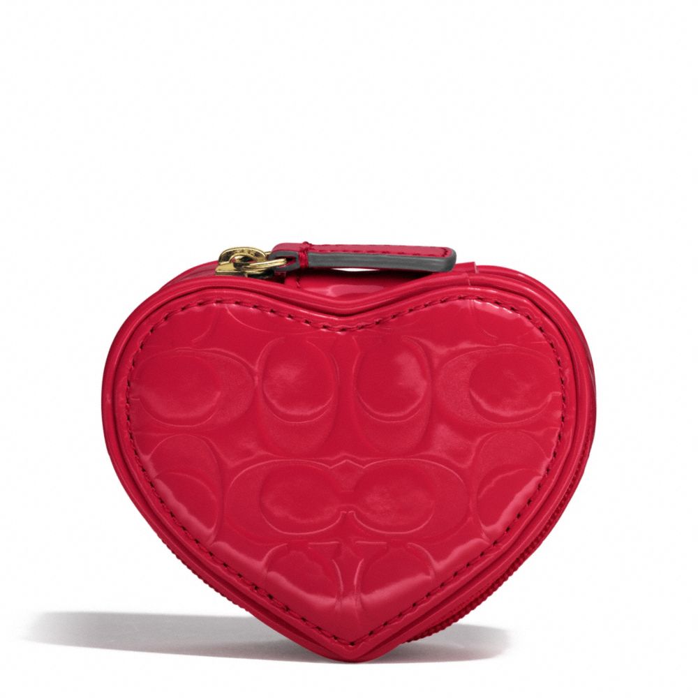 COACH F65385 Embossed Liquid Gloss Heart Jewelry Pouch BRASS/CORAL RED