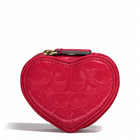 COACH F65385 EMBOSSED LIQUID GLOSS HEART JEWELRY POUCH BRASS/CORAL-RED