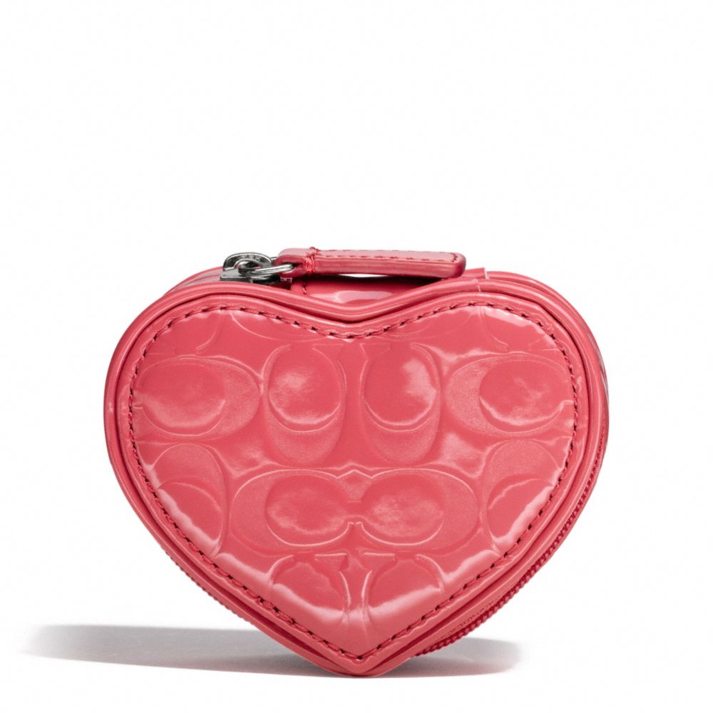 COACH F65385 Embossed Liquid Gloss Heart Jewelry Pouch SILVER/CORAL