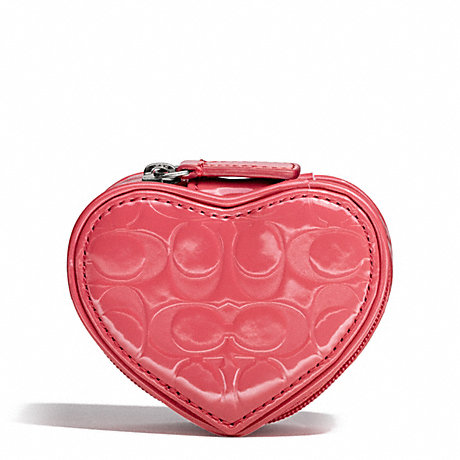 COACH F65385 EMBOSSED LIQUID GLOSS HEART JEWELRY POUCH SILVER/CORAL