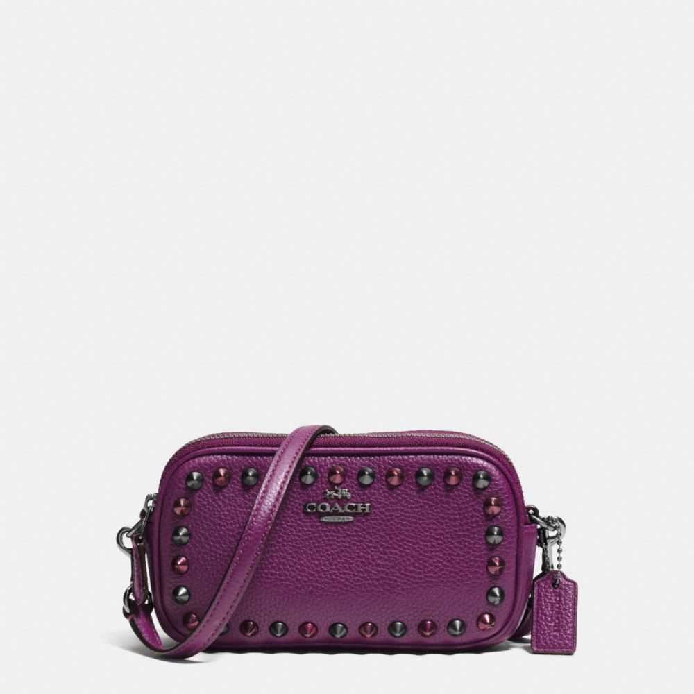 OUTLINE STUDS CROSSBODY POUCH IN PEBBLE LEATHER - f65390 - BLACK ANTIQUE NICKEL/PLUM