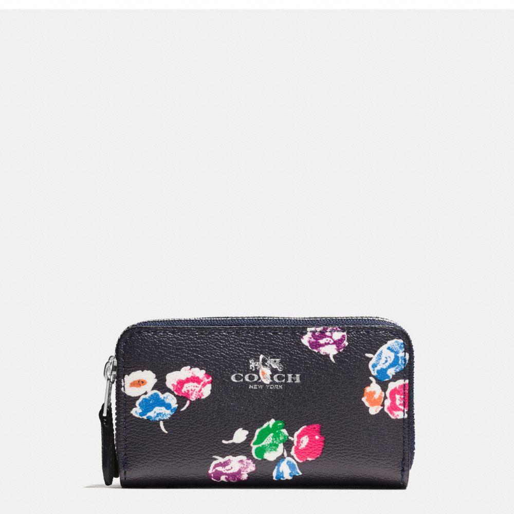 COACH SMALL DOUBLE ZIP COIN CASE IN WILDFLOWER PRINT COATED CANVAS - SILVER/RAINBOW MULTI - F65442