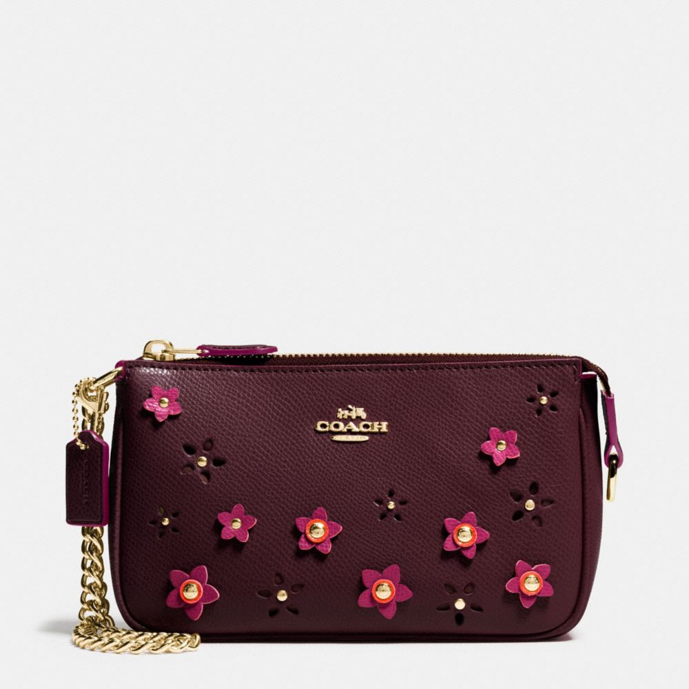 COACH F65471 LARGE WRISTLET 19 IN FLORAL APPLIQUE LEATHER IMITATION-GOLD/OXBLOOD-1