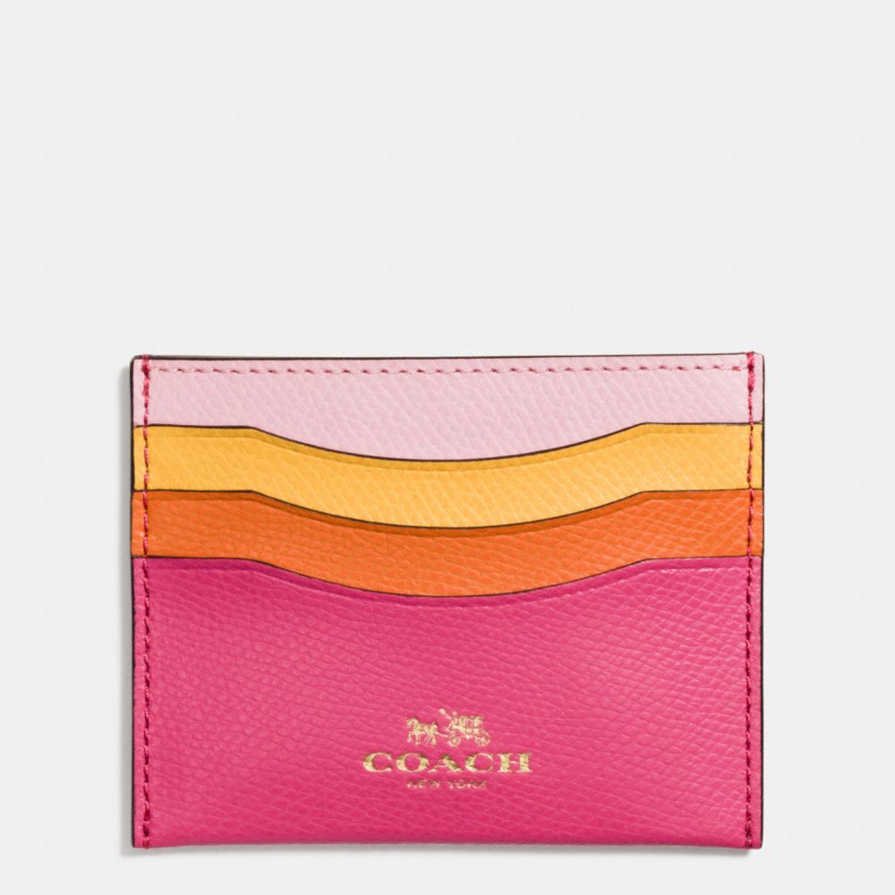 COACH f65527 CARD CASE IN RAINBOW COLORBLOCK LEATHER IMITATION GOLD/DAHLIA MULTI