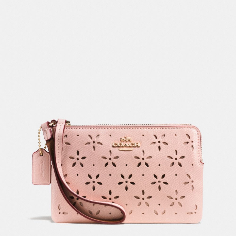 COACH F65554 Corner Zip Wristlet In Laser Cut Leather  IMITATION GOLD/PEACH ROSE GLITTER