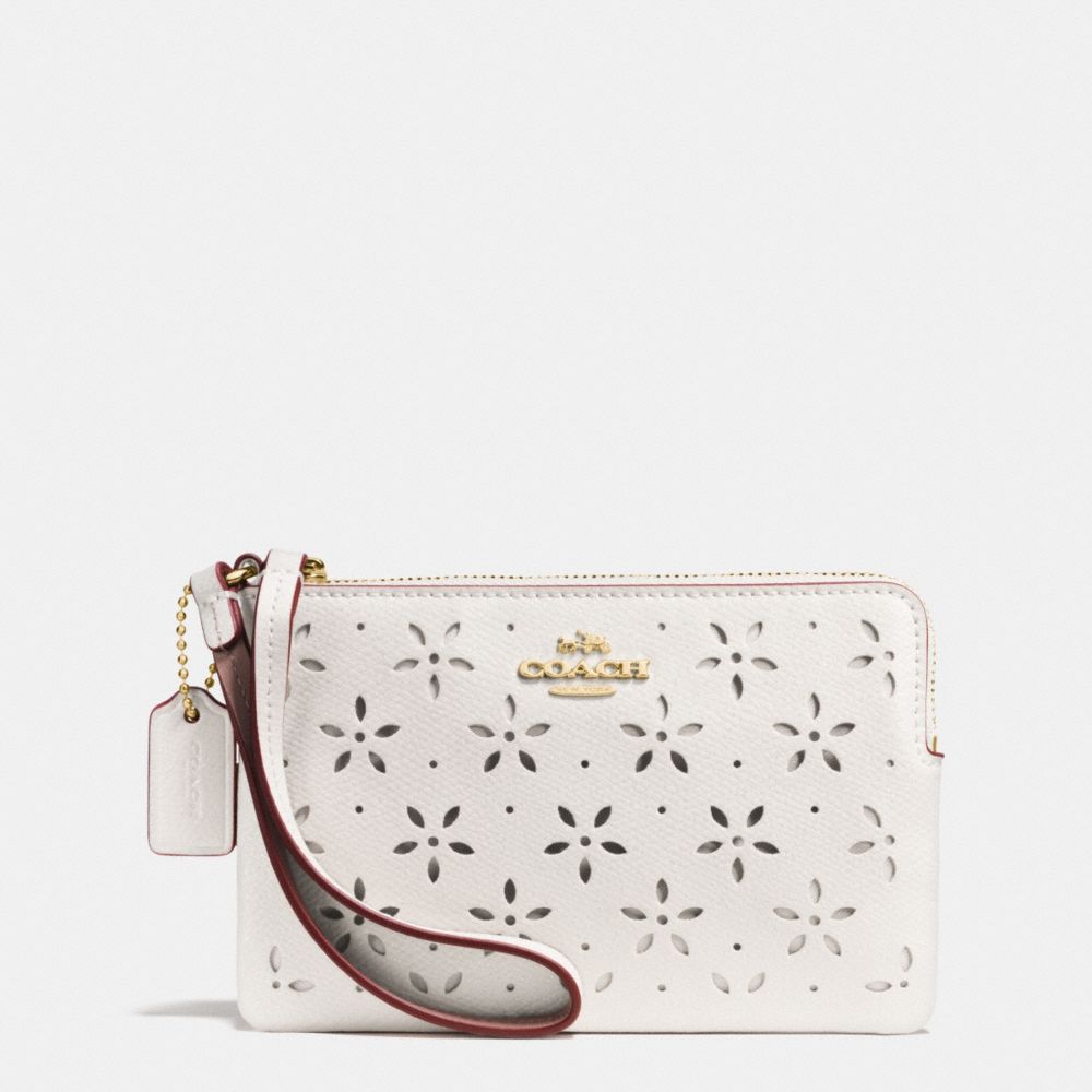 COACH F65554 CORNER ZIP WRISTLET IN LASER CUT LEATHER -IMITATION-GOLD/CHALK-GLITTER