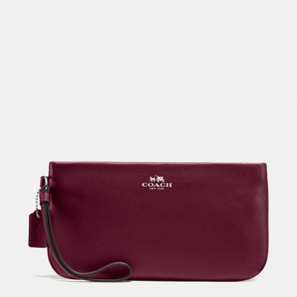 COACH f65555 LARGE WRISTLET IN CROSSGRAIN LEATHER SILVER/BURGUNDY