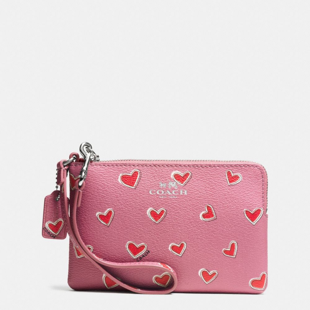 COACH F65571 Corner Zip Wristlet In Heart Print Coated Canvas SILVER/PINK