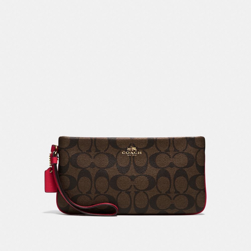 COACH F65748 Large Wristlet In Signature IMITATION GOLD/BROWN TRUE RED