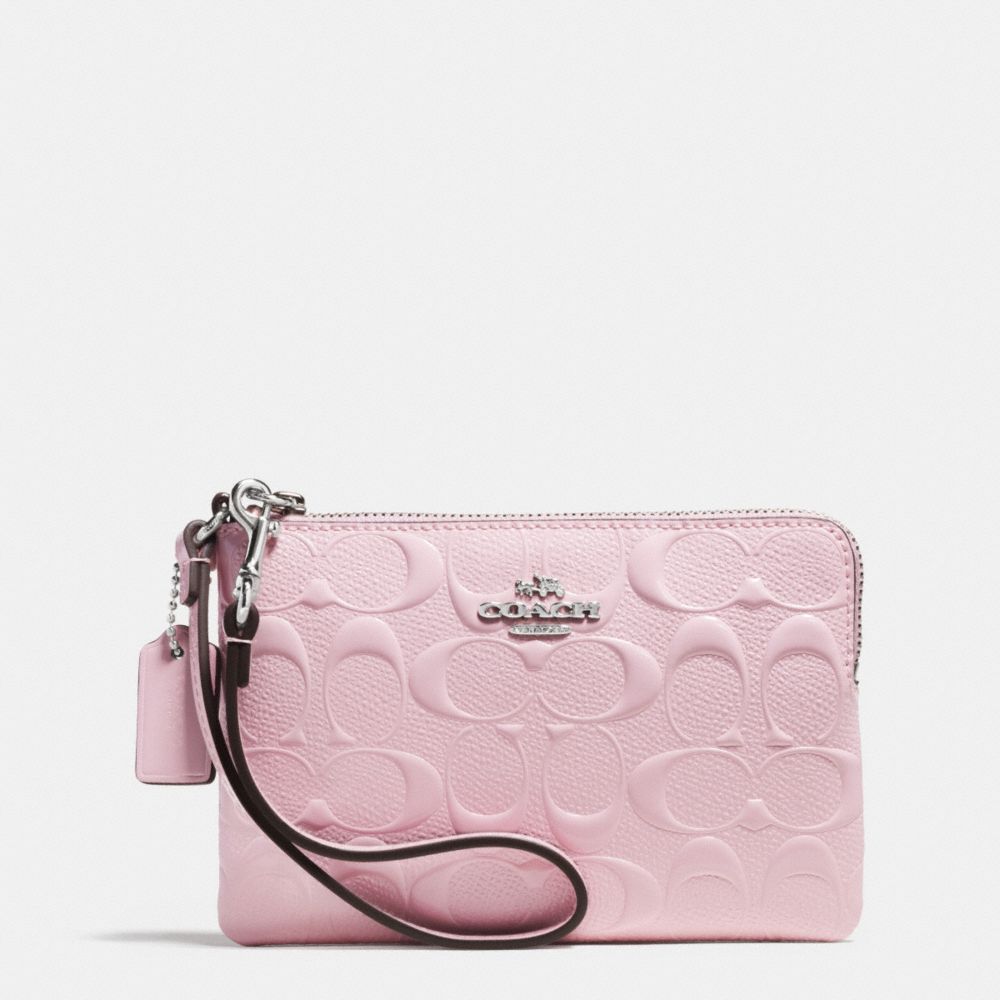 COACH F65752 Corner Zip Wristlet In Signature Debossed Patent Leather SILVER/PETAL