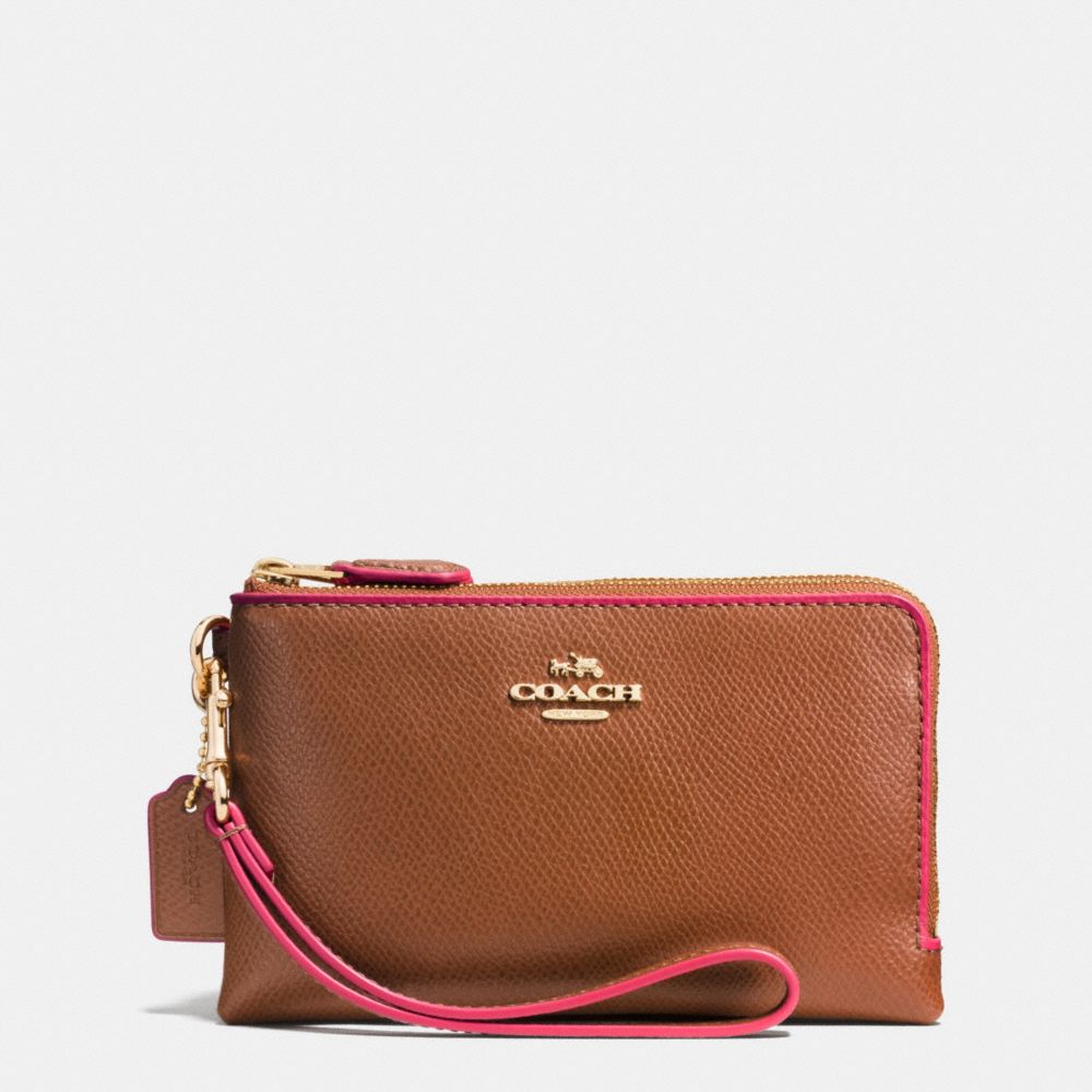 COACH F65755 DOUBLE CORNER ZIP WRISTLET IN EDGEPAINT CROSSGRAIN LEATHER IMITATION-GOLD/SADDLE/DAHLIA