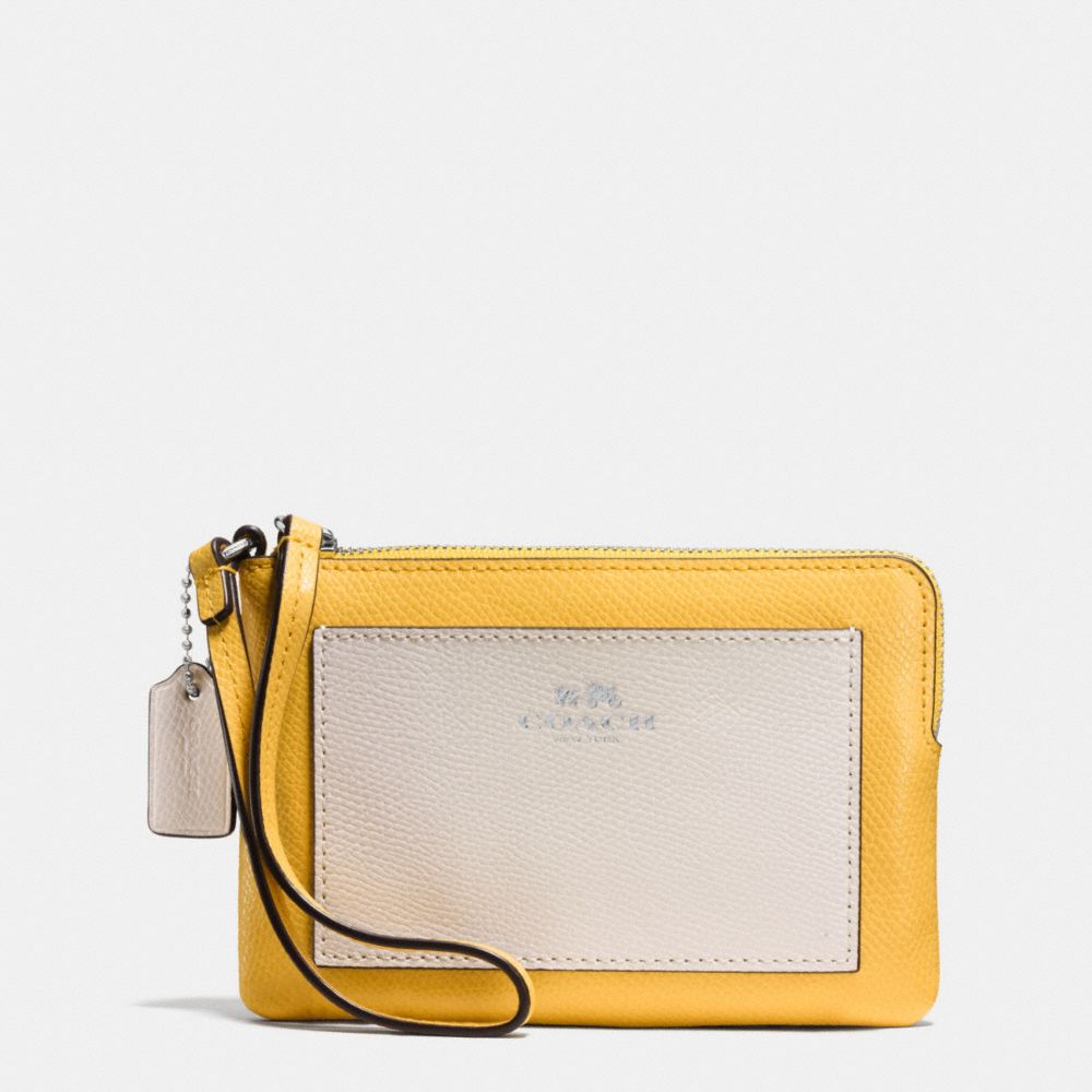 COACH F65758 CORNER ZIP WRISTLET IN COLORBLOCK CROSSGRAIN LEATHER SILVER/CANARY-MULTI