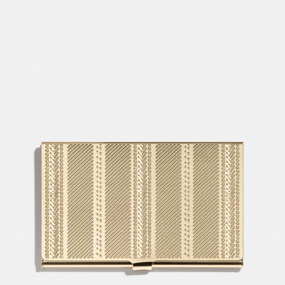 COACH F66005 Crosby Business Card Case In Engraved Metal Ticking Stripe  GOLD