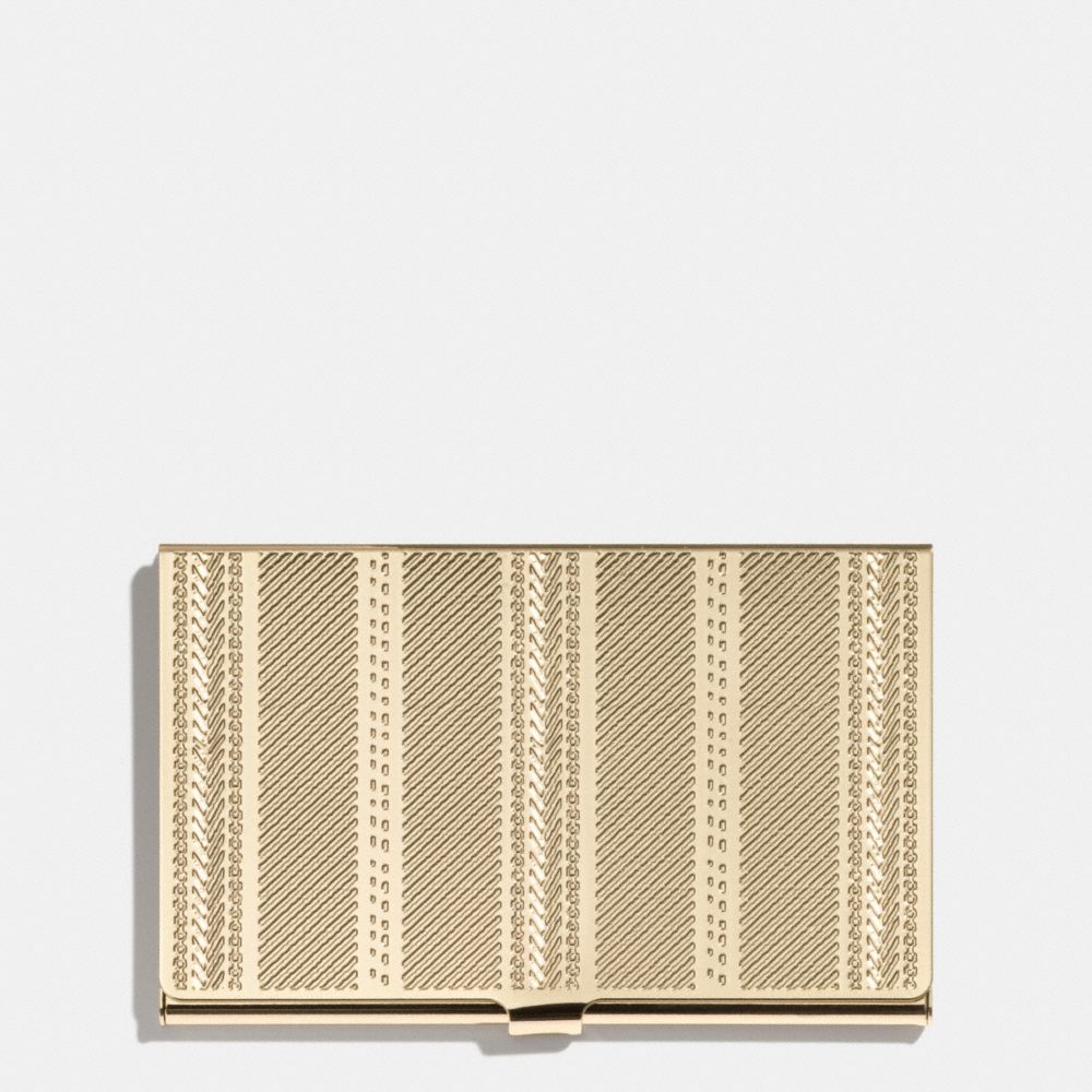 COACH CROSBY BUSINESS CARD CASE IN ENGRAVED METAL TICKING STRIPE - GOLD - F66005