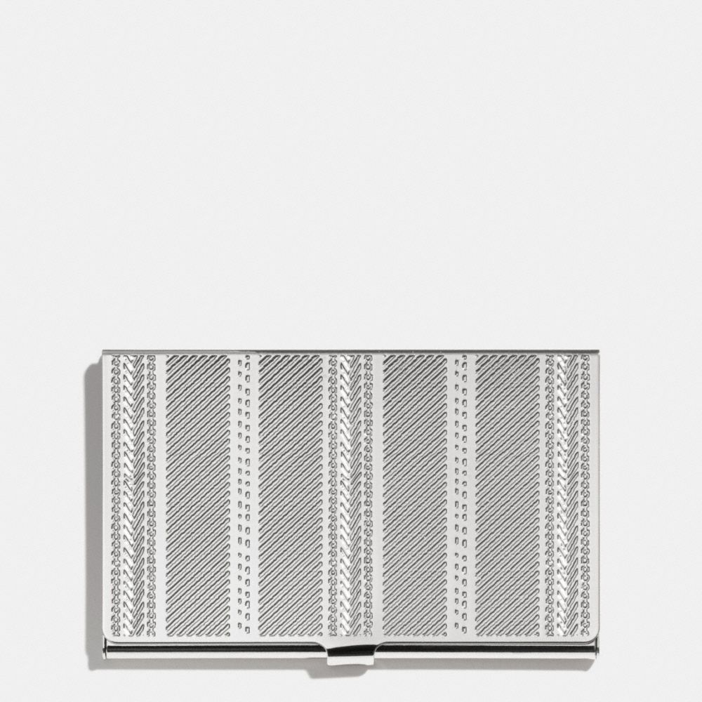 COACH CROSBY BUSINESS CARD CASE IN ENGRAVED METAL TICKING STRIPE - NICKEL - F66005