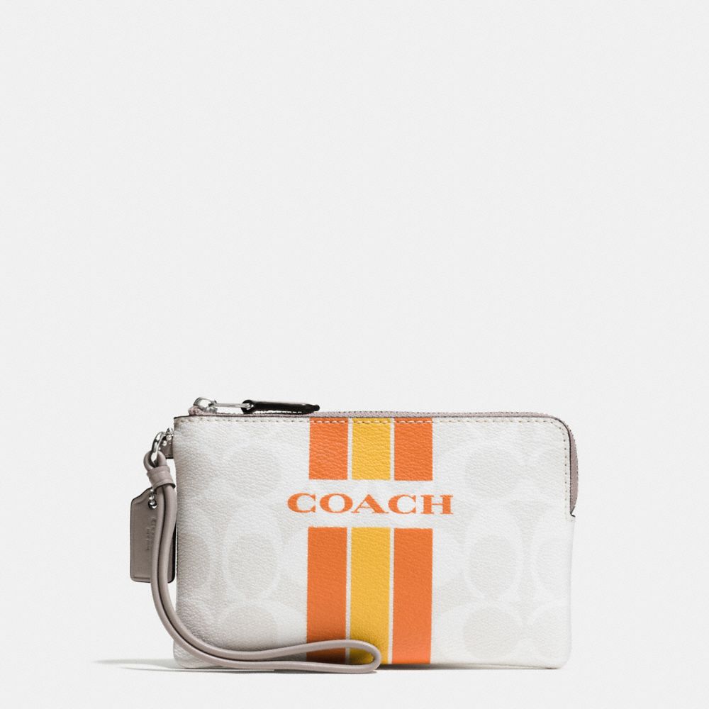 coach varsity stripe orange chalk wristlet signature zip corner silver